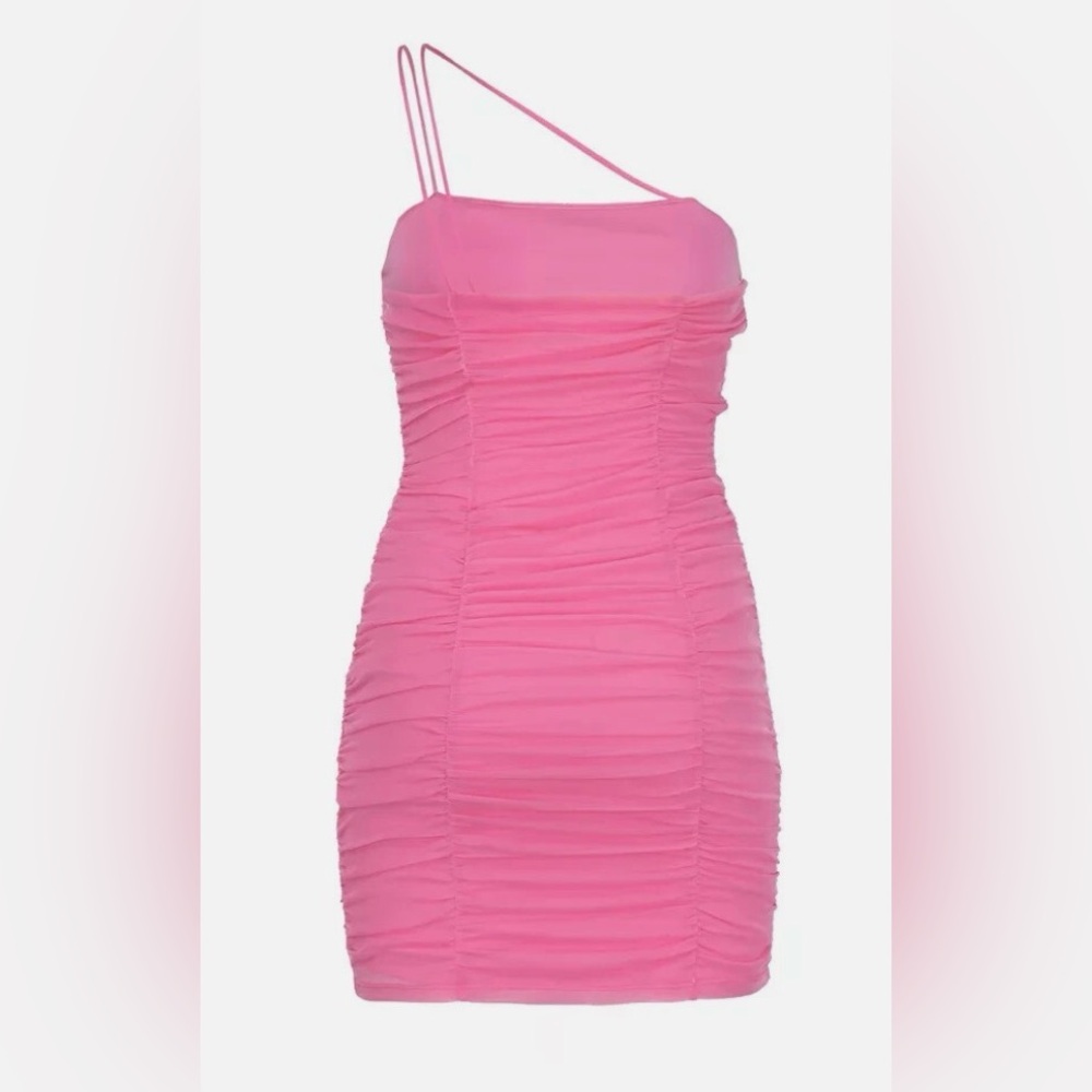 Pink Ruched Mini Dress with Asymmetric Straps